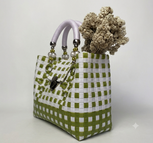 Custom Handmade Woven Plastic Tote Bag Eco Friendly Reusable Market Shopping Beach <b>Handbag</b> Green Pearl Beaded Handle Lock - Product Image 2