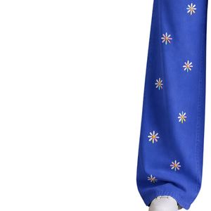 Jean en denim bleu roi pour femme, coupe large, broderie florale, taille haute, ample, style streetwear décontracté, personnalisable OEM ODM, vente en gros - Product Image 3