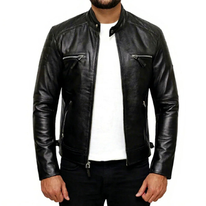 Chaqueta de Motociclista de Cuero Genuino Negro para Hombre, Cierre de Cremallera, Cuello Alto, Color Sólido, para Otoño, Corte Regular, Ajuste Delgado - Product Image 2