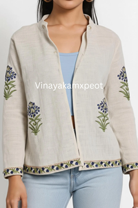 Veste matelassée artisanale en coton et lin velours beige, broderie florale à la main, écologique, respirante, légère, longue, pour l'hiver - Product Image 3