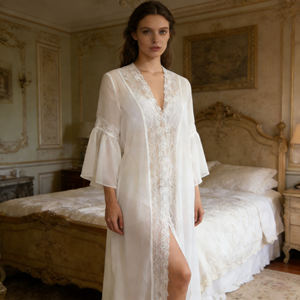 Vente flash sur Temu : Robe de mariée longue blanche de luxe pour femme, manches cloche, détails en dentelle, devant ouvert, pour mariage et occasions spéciales - Product Image 2