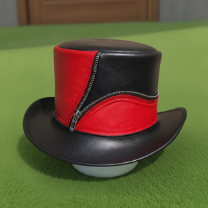 Premium quality custom made Handmade Black & Red Leather top <b>Hat</b> <b>Steampunk</b> with Brass Zipper - Product Image 1