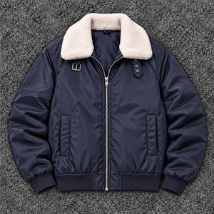 Blouson bomber bleu marine pour femme avec col en fausse fourrure, fermeture éclair, manteau chaud d'hiver - Product Image 4