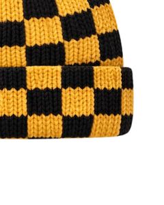 Gorro de Punto Personalizado con Diseño de Tablero de Ajedrez Amarillo y Negro, Gorro de Invierno Cálido con Borde, Gorro de Punto Acrílico Suave, Unisex, Estilo Urbano - Product Image 4