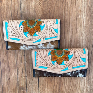 Sculpture Main Outillé Portefeuille Embrayage Téléphone Cas Élégant Multi Utilisations Western En Cuir Turquoise Couleur Fleur Portefeuille pour Femmes - Product Image 3