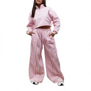Nouvel Arrivage Survêtement Femme Rose avec Haut Court Oversize à Épaules Tombantes et Fermeture Éclair Quaternaire et Pantalon Droit Ample à Panneaux OEM - Product Image 1