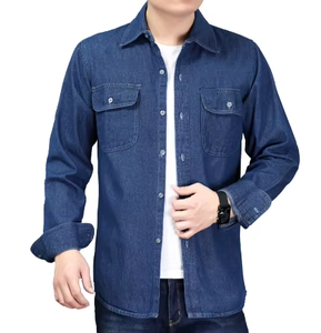Camisa de Mezclilla para Hombre, Delgada, Lisa, de Manga Larga, 100% Algodón, Estilo Vaquero, Cuello Alto, Transpirable, para Invierno, Servicio OEM/ODM - Product Image 2