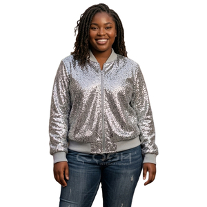 Cosh International Custom Logo Sorority Sisterhood Silver <b>Sequined</b> Bomber <b>Jacket</b> Full Sleeve Zipper Closure Turn-down Collar - Product Image 1