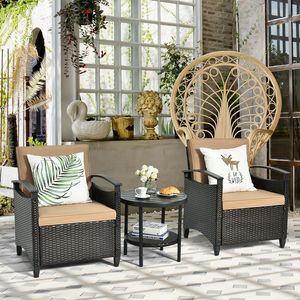 3 Pieces Patio Rattan <b>Furniture</b> Set <b>Cushioned</b> Sofa <b>Storage</b> Table with Shelf <b>Garden</b> - Product Image 2