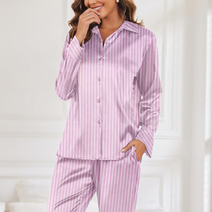 Ensemble de pyjama en satin pour femmes, manches longues, rayé, boutonné, vêtements de nuit classiques, longueur intégrale, confortable et doux, vêtements de détente - Product Image 5
