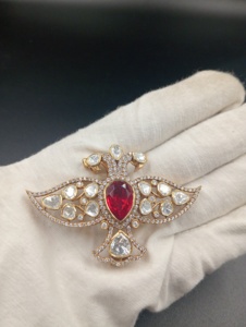 Broche en forme d'aigle avec doublet rouge en argent, bijou pour mariage indien, pierre polki sur broche pour homme, bijoux faits à la main - Product Image 3