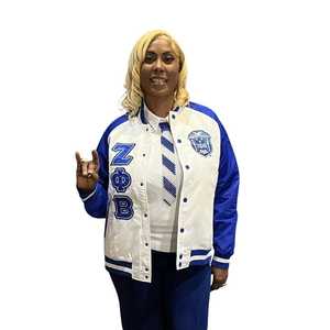 Chaqueta Bomber Blanca y Azul Zeta Phi Beta con Forro Personalizado, Bordado Chenille, para Mujer, Estilo Universitario Griego, con Botones a Presión, Prenda Premium - Product Image 3