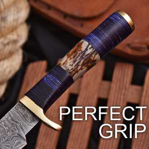 Cuchillo de Caza de Acero de Damasco con Punta Caída, Mango de Asta de Ciervo, Cuchillo Personalizado para Bushcraft y Camping al Aire Libre, Fabricante OEM - Product Image 3