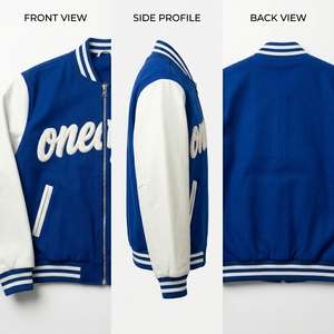 Blouson Bomber Homme Bleu Royal et Blanc en Cuir avec Manches en Coton Mélangé, Col et Poignets en Tricot Côtelé, Logo Brodé, Style Décontracté Streetwear - Product Image 6