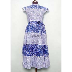 Summer Maxi Dress Short Sleeves Multi Color Cotton Belt Modest Vibe with belt Neck Tie-Front Drift Digital Printed Sweet Natural - Product Image 3