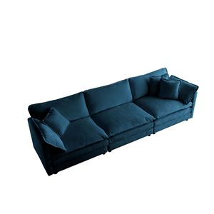 Divano Mid-Century Moderno a 3 Posti in Ciniglia Blu per Soggiorno con 2 Braccioli e 3 Cuscini Decorativi - Product Image 3