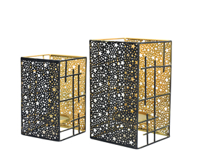 <b>Set</b> of 2 Metal Candle Holder <b>Lanterns</b> Black Gold Star Cutout Design Decorative Pillar Stand for Home Table Decor Centerpiece - Product Image 1