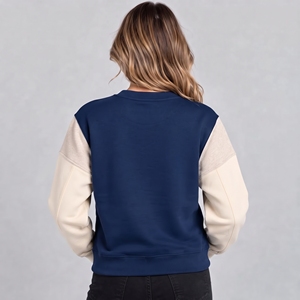 Sweat-shirt pour femme de qualité supérieure, bleu marine, col rond, manches beiges, logo brodé, vêtement décontracté pour l'automne - Product Image 3
