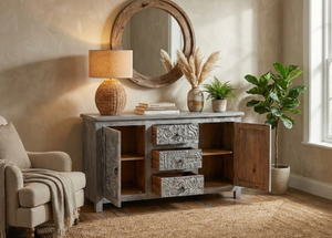 Buffet en bois de manguier massif, artisanal, avec hauteur réglable, montage facile, design traditionnel antique de style farmhouse - Product Image 3