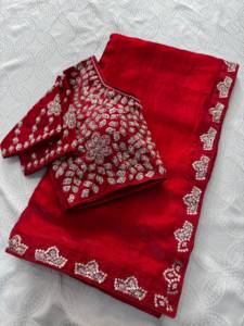 Sari de Seda Roja con Borde Bordado, Traje Tradicional Indio para Bodas, Diseño Largo Hasta el Suelo para Mujer - Product Image 5