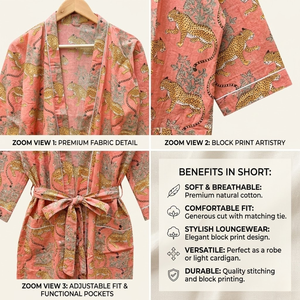 Kimono de Algodón con Diseño Floral de Tigre |   Bata de dormir de manga larga con cuello en V para mujer |   Ropa de Dormir de Alta Calidad con Cordón Ajustable - Product Image 4