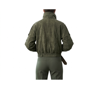Olive <b>Suede</b> Oversized Moto Bomber <b>Jacket</b> for Men - Product Image 2