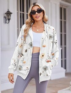 Sudadera con Capucha Blanca con Estampado Floral para Mujer, Manga Larga, Corte Holgado Informal, Proveedor Mayorista de Logotipos Personalizados - Product Image 1
