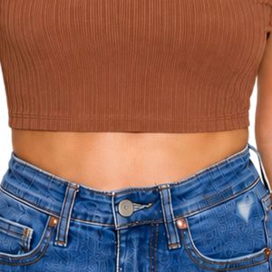 Top Corto Acanalado Marrón para Mujer, Manga Corta, Cuello Redondo, Ajuste Delgado, Camiseta Casual de Punto, Moda de Verano, Algodón Elástico, Spandex, Básico - Product Image 6