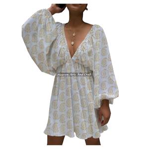 Vestido de Verano de Algodón con Escote en V Profundo y Mangas Farol para Mujer, Atuendo Chic con Tirantes, Sexy para Fiesta y Club, Estampado a Mano, ¡Venta Caliente! - Product Image 3