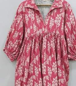 Vestido Túnica Indio Hecho a Mano 100% Algodón para Mujer |   Ropa Formal de Oficina Ecológica y Transpirable, Corte en A, Floral, Dibujada a Mano, Natural - Product Image 5