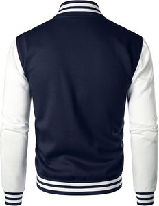 Chaqueta Varsity Blanca y Azul Marino para Hombre, Estilo Preppy, Corte Regular, Cierre de Botones, Cuello Camisero, Color Sólido, Exterior de Poliéster y Algodón - Product Image 6