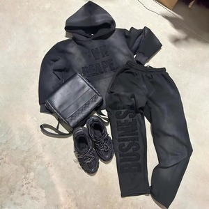 Custom Acid Wash Distressed Embroidered Patch Cropped <b>Hoodie</b> Flared Sweatpants Sweatsuit Set OEM ODM Wholesale - Product Image 1