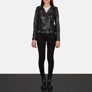 Chaqueta de cuero para mujer, estilo motero, con cinturón, cuello de solapa, cremallera asimétrica, color negro, corte ajustado, abrigo de moto, venta al por mayor OEM - Product Image 1