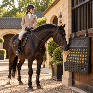 Sac à foin pour chevaux noir charbon avec panneau supérieur en nylon solide |   Support à foin suspendu stable avec grille tissée et anneaux en D métalliques - Product Image 3
