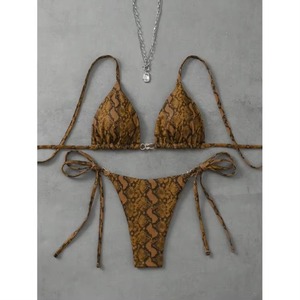 Ensemble de bikini imprimé serpent pour femmes, haut triangle à nouer, bas string en spandex et polyester, maillot de bain - Product Image 1