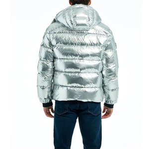 Men's Silver Hooded Puffer <b>Jacket</b> PU Coated Windproof <b>Zipper</b> Closure Casual Winter Wear Thick Insulated Solid Color Regular Fit - Product Image 4