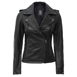 Chaqueta de Motociclista de Cuero Genuino para Mujer, Color Negro Sólido, Cierre de Cremallera, Manga Larga, Estilo Otoñal, Cuello Extendido, Clásica - Product Image 1