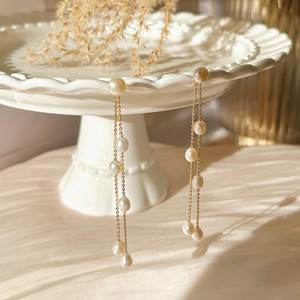 Dainty Pearl Drop <b>Earrings</b> Long Gold Tassel Threader <b>Earrings</b> Minimalist Wedding Jewelry Handmade Freshwater Pearl - Product Image 6
