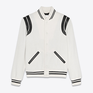 Blouson universitaire blanc pour homme en laine/polyester avec empiècements aux épaules, col montant, coupe droite, simple boutonnage, décontracté, enduit, pour le printemps - Product Image 1