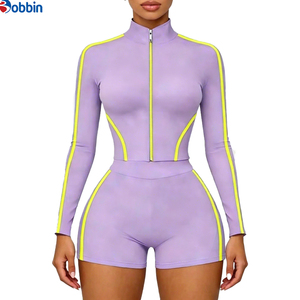 Conjunto Deportivo de 2 Piezas para Mujer, Estilo Hip Hop, Verano, Top de Manga Larga con Cierre, Pantalones Cortos, Color Sólido, Ajuste Deportivo, Spandex, Poliéster, Transpirable - Product Image 2
