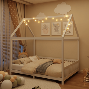 Letto a capanna a LED bianco per bambini, in legno, con sponda di protezione, misura Full Size - Product Image 1