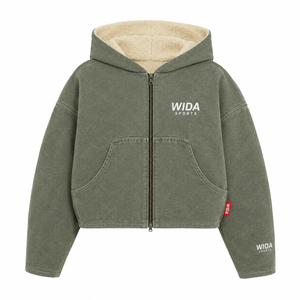 WIDA SPORTS Olive Green Hooded Zip-Up Crop <b>Jacket</b> <b>Fleece</b> <b>Lined</b> Oversized Casual Unisex Winter Sweatshirt - Product Image 1