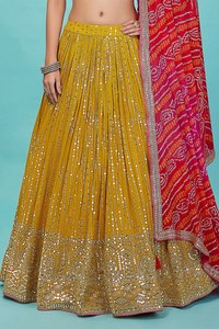 Elegant Floral Embroidered Organza Lehenga Choli with Pink Crop <b>Top</b> and Red Dupatta Empire Waist <b>Sequined</b> A-Line Gown - Product Image 4