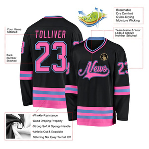 Wholesale Custom Ice Hockey Jersey V-Neck Full Sleeve Sublimated Print Teams Logo <b>Black</b> Pink Blue Mesh Adult Unisex Apparel - Product Image 4