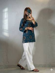 Women's Traditional Indian Cotton Kurta Set Digital <b>Print</b> Embroidered Regular Fit Midi Length <b>White</b> <b>Palazzo</b> Pants Casual Wear - Product Image 3