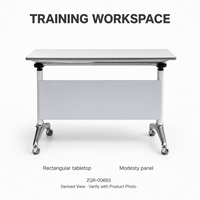Table de formation mobile avec panneau de discrétion gris clair, cadre blanc et pieds chromés inclinés pour salle de réunion de bureau
