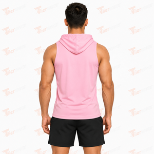 Men's <b>Pink</b> Sleeveless Hooded Tank <b>Top</b> Breathable Polyester Casual Sport <b>Vest</b> Front Logo Print Hooded Tank <b>Top</b> for sale - Product Image 4