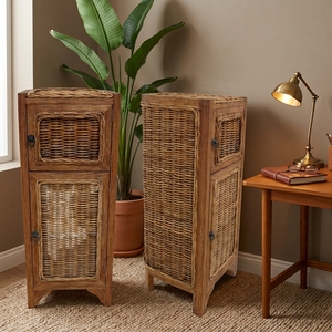 New Modern Minimalist Surabaya Wooden Storage Cabinet Natural Rattan Wicker 2 Doors Chest <b>Side</b> <b>Table</b> Storage Nightstand - Product Image 5