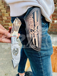 Cuchillo de caza OEM Wirecut de acero de Damasco, tipo Skinner, con mango de asta de ciervo, hoja fija, para camping, actividades al aire libre y EDC, con funda de cuero. - Product Image 2