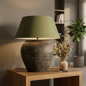 <b>Vintage</b> Chinese Jar Table <b>Lamp</b> – Rustic Ceramic Jug Base with Green Fabric <b>Shade</b> for Farmhouse Home Décor - Product Image 5